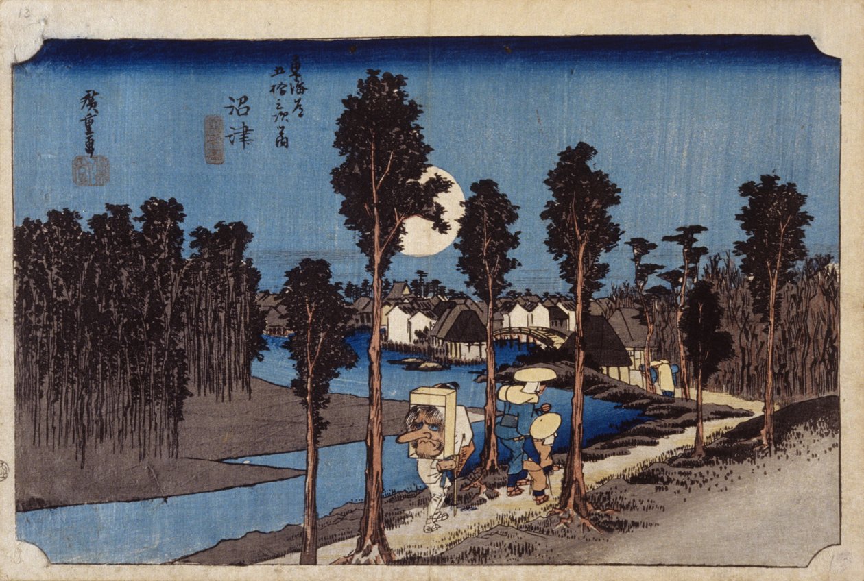 Hämäräkohtaus Numazussa, nro 13 (puukiviprintti) tekijältä Ando or Utagawa Hiroshige