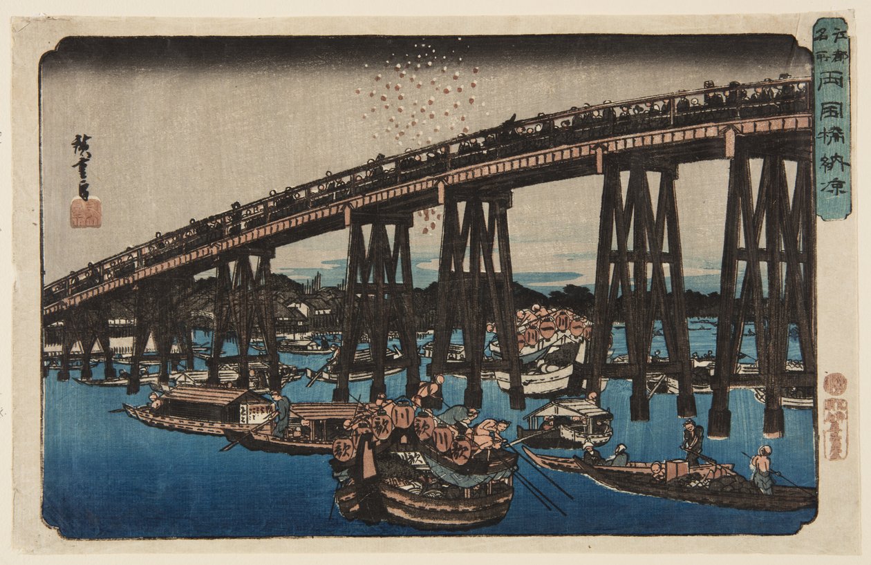 Nautitaan iltaviileistä Ry?goku-sillalla (Ry?goku-bashi n?ry?) (värillinen puupalikkaprintti) tekijältä Ando or Utagawa Hiroshige
