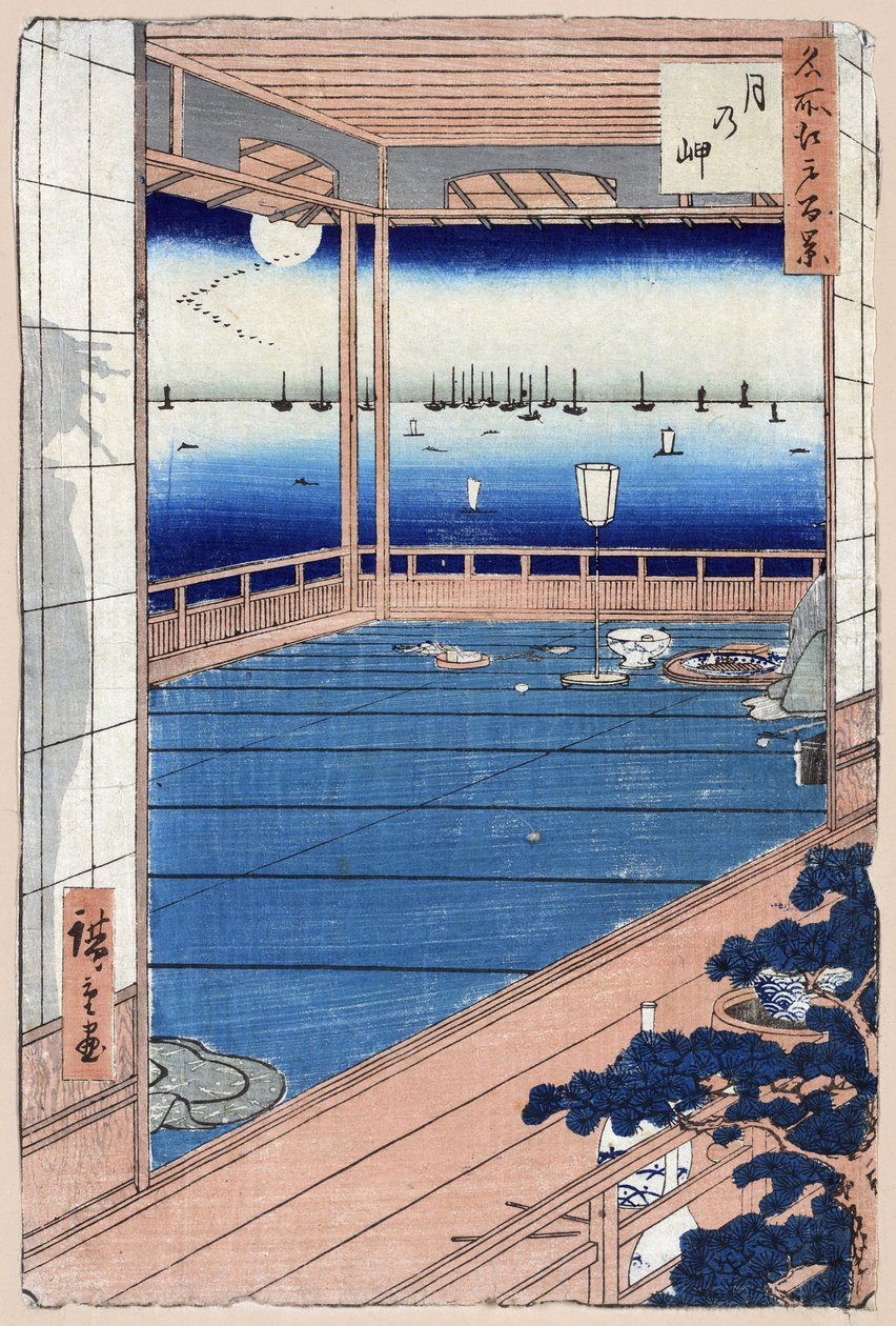 Japanilainen printti: Moonlight. Sarja sata kuuluisaa näkymää Edosta. (Moonlight. Sata kuuluisaa näkymää Edosta). Utagawa Hiroshigen (1797-1858) teos, puupiirros tekijältä Ando or Utagawa Hiroshige