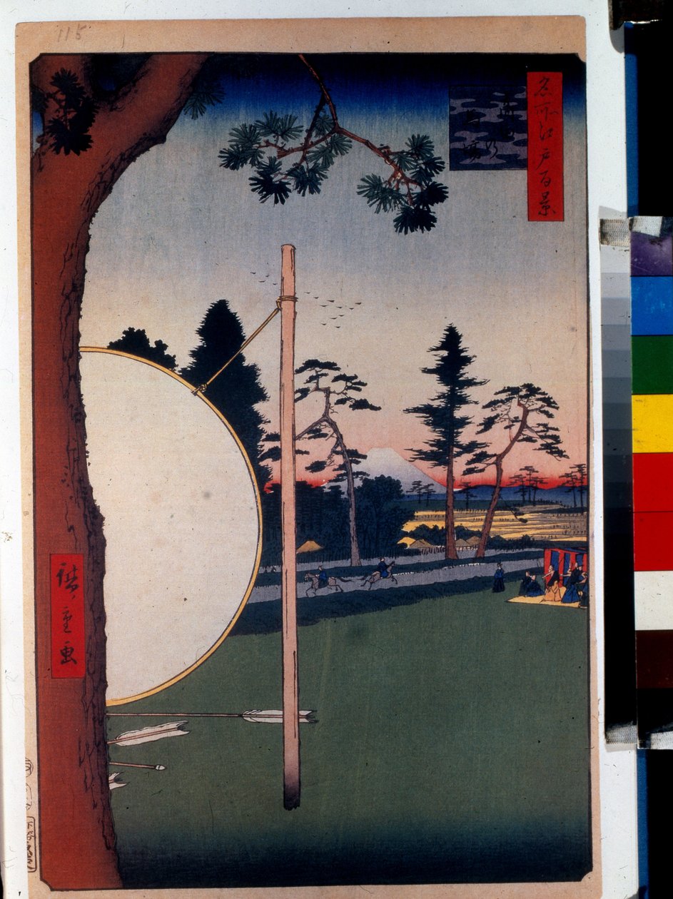 Japanilainen printti: hevosurheilurata Takatassa (Tokio, Japani). Sarja sata kuuluisaa näkymää Edosta. (Hevosrata Takatassa, sata kuuluisaa näköalaa Edoon). Utagawa Hiroshigen (1797-1858) teos, puupiirros (39x26 cm) tekijältä Ando or Utagawa Hiroshige