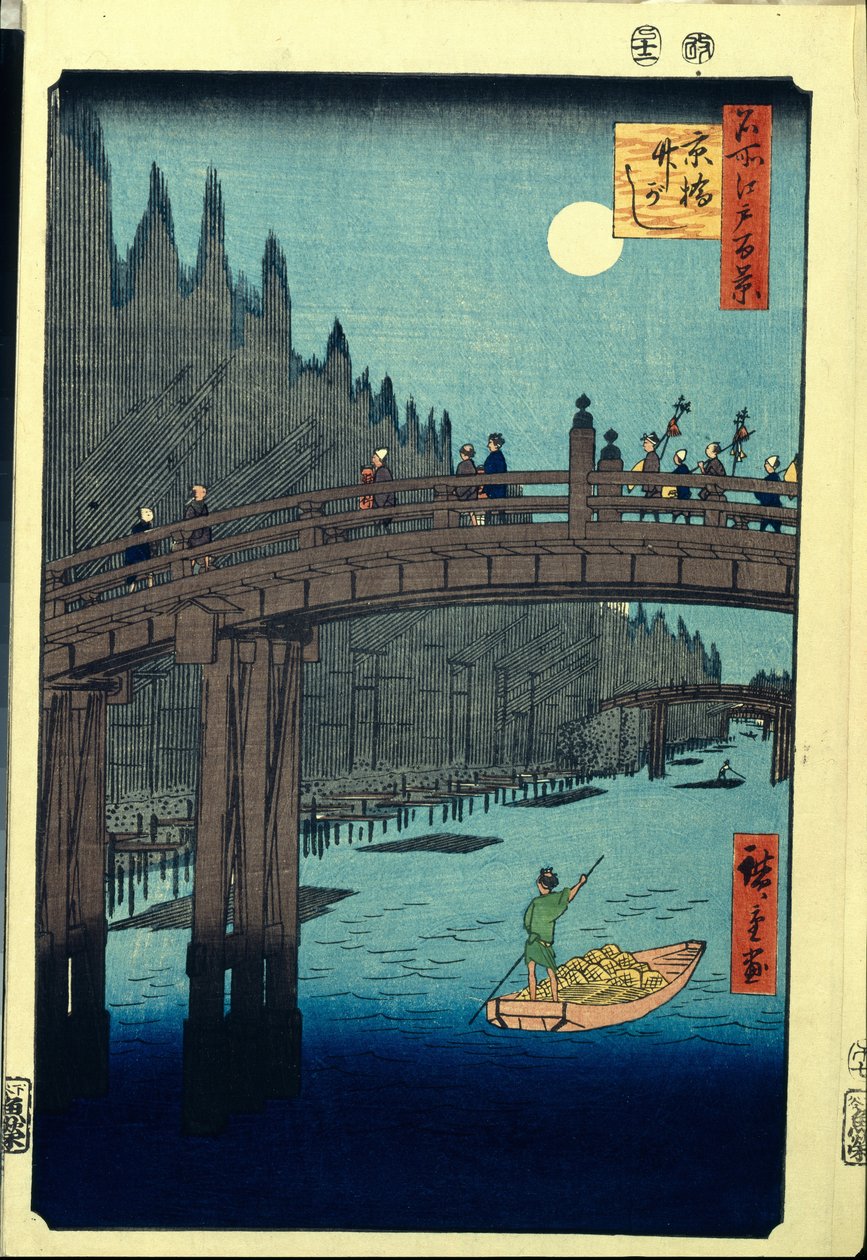 Japanilainen puupalikkaprintti: Bamboo Wharf Kyobashi Bridgellä (Tokio, Japani). Sarja sata kuuluisaa näkymää Edosta. (Bamboo Quay Kyobashin sillan varrella, sata kuuluisaa näkymää Edoon). Utagawa Hiroshigen (1797-1858) teos, puupiirros (39x26 cm) tekijältä Ando or Utagawa Hiroshige