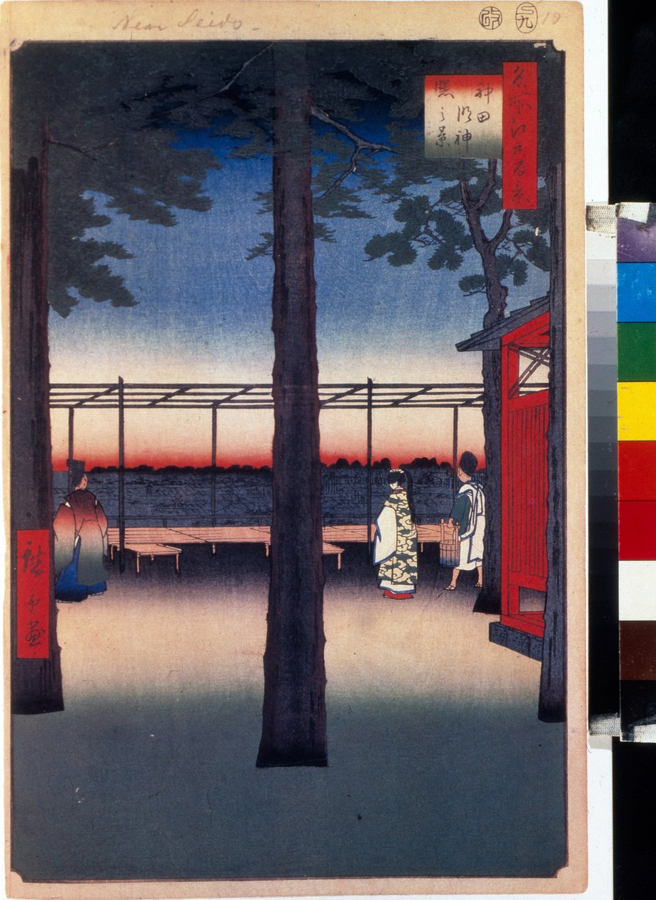 Japanilainen puupalikkaprintti: aamunkoitto Kanda Myojinin temppelissä (Tokio, Japani). Sarja sata kuuluisaa näkymää Edosta. (Aamunkoitto Kanda Myojinin pyhäkössä, sata kuuluisaa näkymää Edoon). Utagawa Hiroshigen (1797-1858) teos, puupiirros (39x26 cm) tekijältä Ando or Utagawa Hiroshige