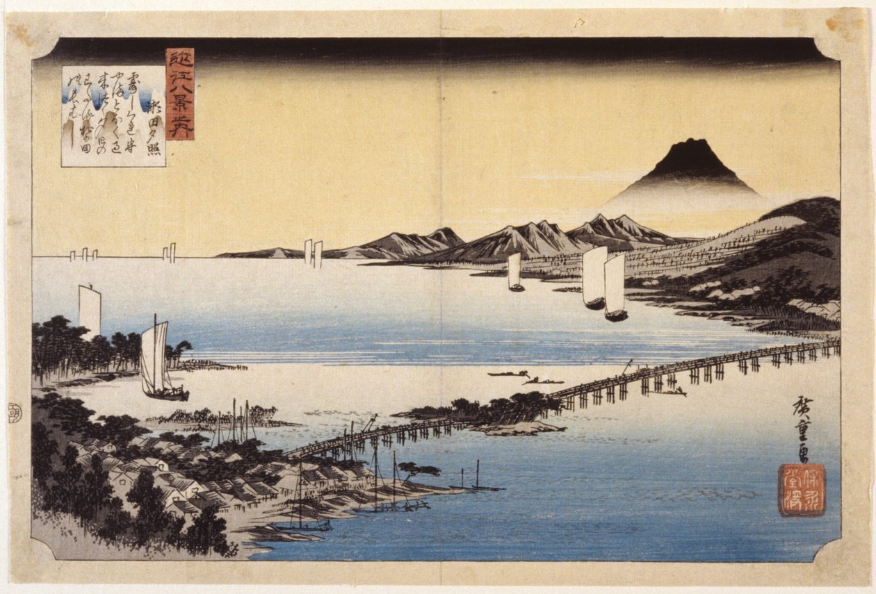 Evening Glow At Seta (värillinen puupalikkaprintti) tekijältä Ando or Utagawa Hiroshige
