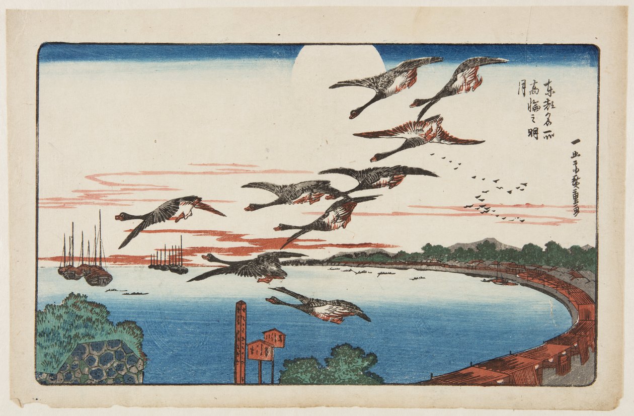 Täysikuu Takanawan yllä (Takanawa no meigetsu) (värillinen puupainatus) tekijältä Ando or Utagawa Hiroshige