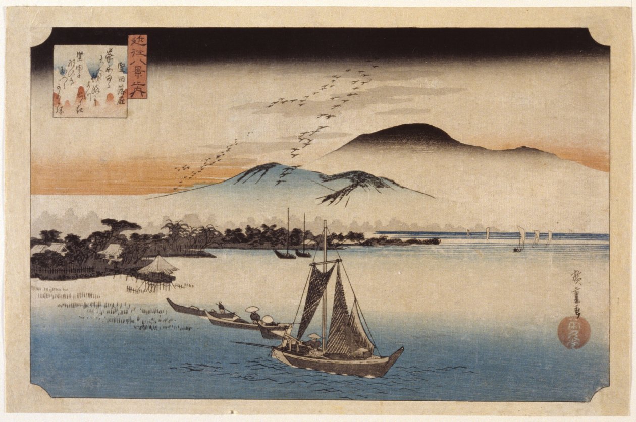 Hanhet Homing At Katata (värillinen puupalikkaprintti) tekijältä Ando or Utagawa Hiroshige
