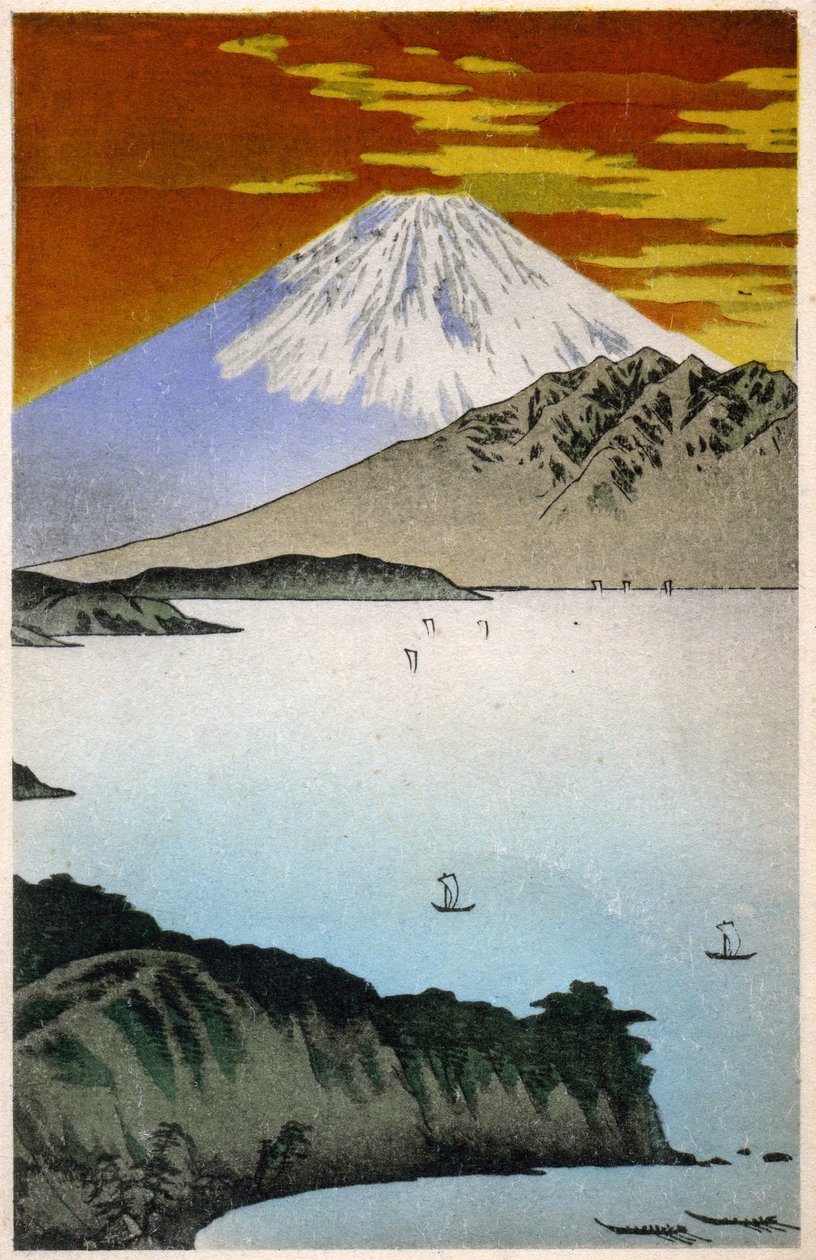 Maantiede. Japani. Auringonnousu Fuji-vuorella. Hiroshigen puupiirros teoksessa: Fifty Three Stations of the Tokaido (1833-1834). Postikortti, Japani, n. 1900 (postikortti) tekijältä Ando or Utagawa Hiroshige