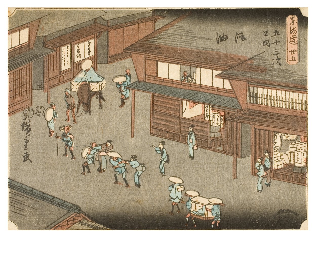 Goyu. Naiset pysäyttävät matkustajia kadulla. Sarjasta The Fifty-three Stations of the Tokaido, n. 1847-1852 (puupiirros paperille). tekijältä Ando or Utagawa Hiroshige