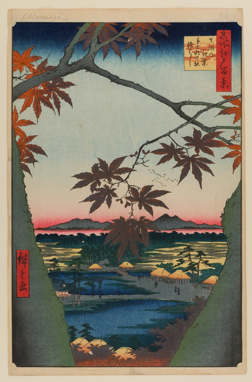 Vaahterapuut Mama, Tekona Shrine ja linkitetty silta tekijältä Ando or Utagawa Hiroshige