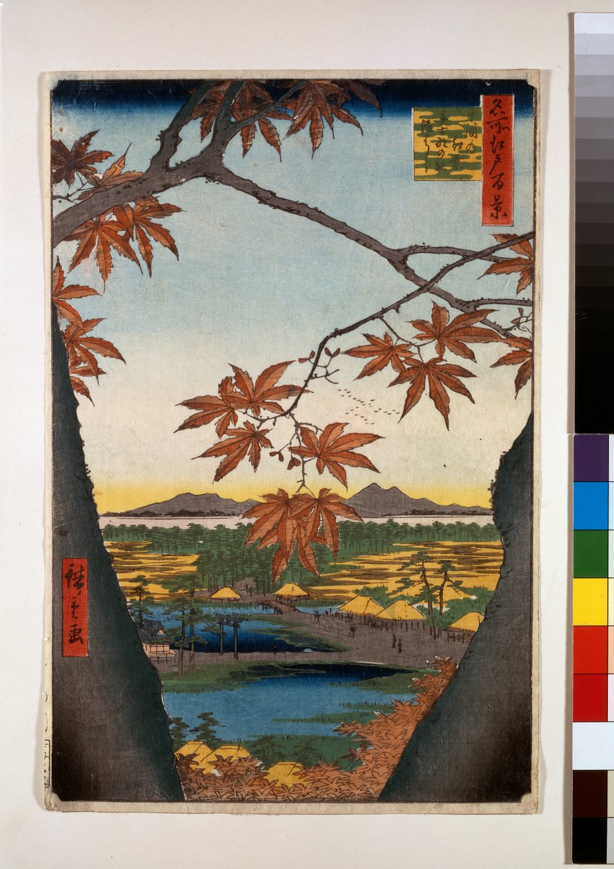 Vaahterapuut Mamassa, Tekonan pyhäkkö ja yhdistetty silta tekijältä Ando or Utagawa Hiroshige