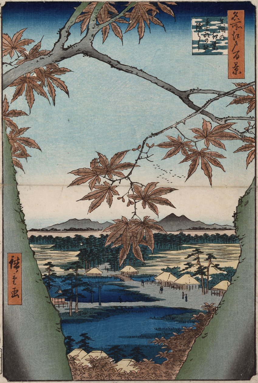 Vaahteranlehdet ja Tekona-pyhäkkö ja Maman silta sarjasta "Sata näkymää kuuluisista paikoista Edossa" tekijältä Ando or Utagawa Hiroshige