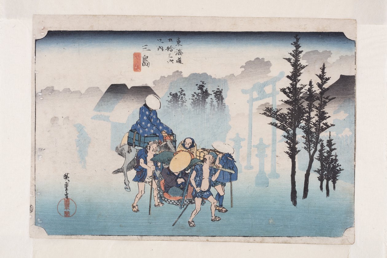 Mishima: Morning Mist (Mishima, asagiri) (värillinen puupainatus) tekijältä Ando or Utagawa Hiroshige