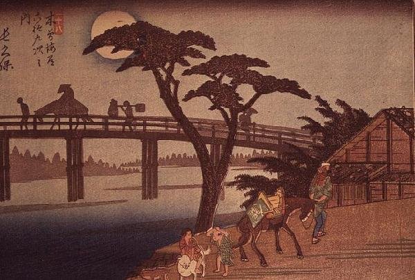 Moonlight over Nagacubo, n. 1840 (yoko-e vaakamuotoinen värillinen puupalikkaprintti) tekijältä Ando or Utagawa Hiroshige