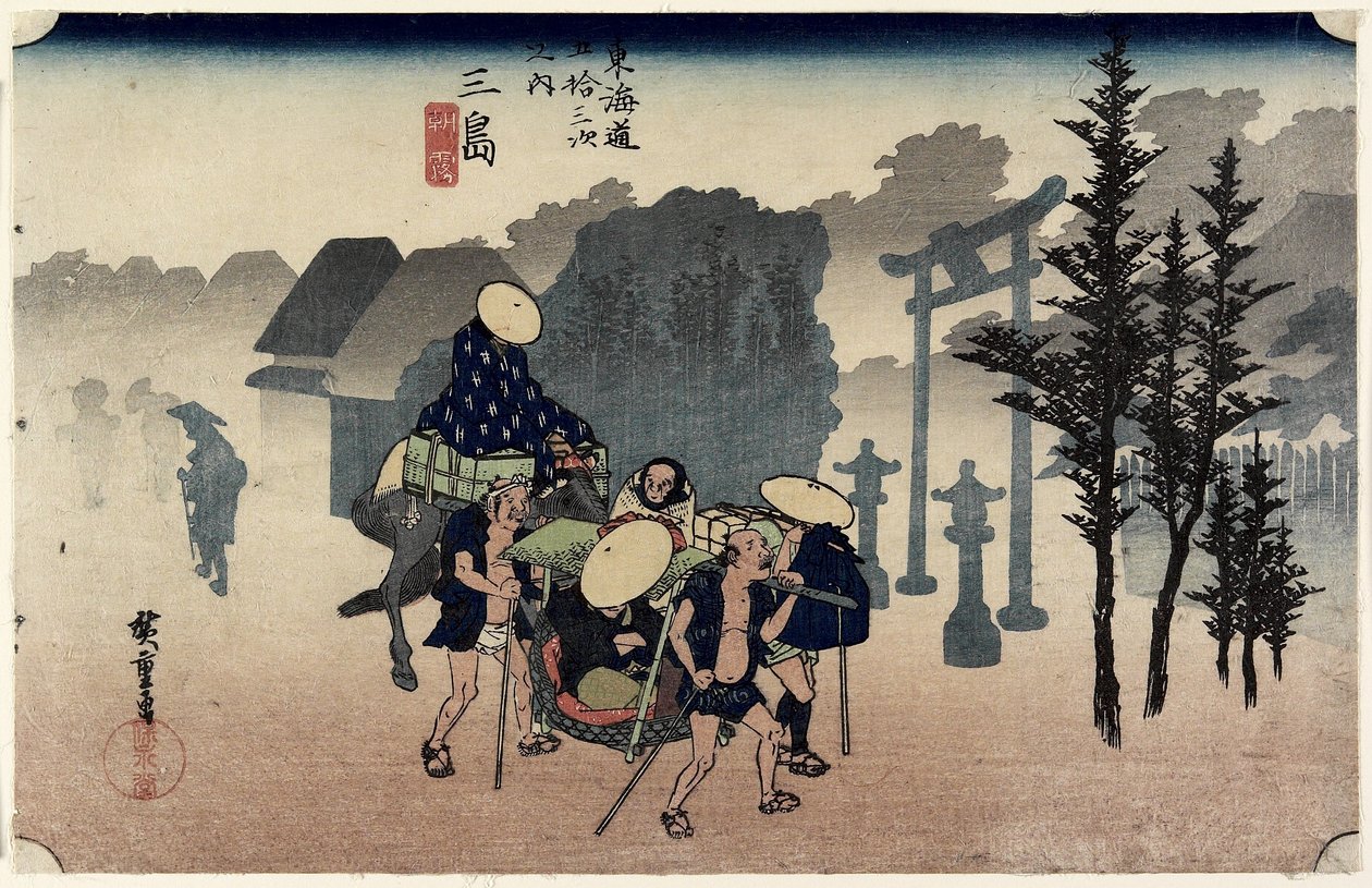 Morning Mist, Mishima, c. 1833 tekijältä Ando or Utagawa Hiroshige