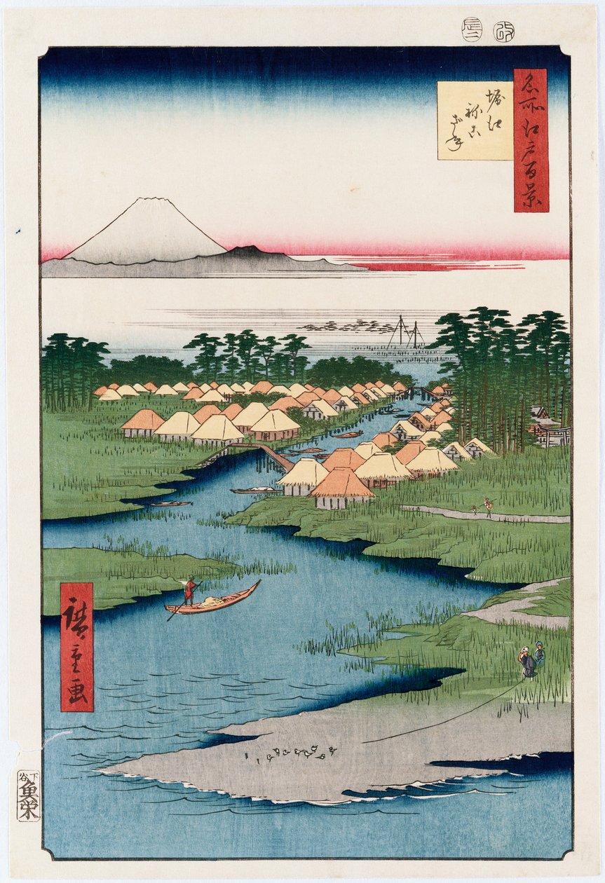 Nekozane at Horikiri", sarjasta "Sata näkymää kuuluisista paikoista Edossa" tekijältä Ando or Utagawa Hiroshige