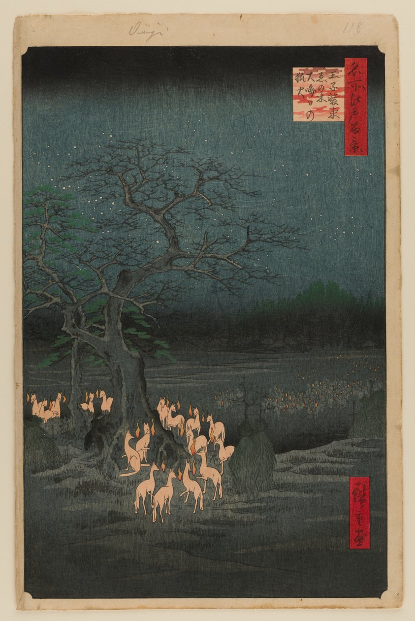 Uudenvuodenaattona Foxfires at the Changing Tree, Oji tekijältä Ando or Utagawa Hiroshige
