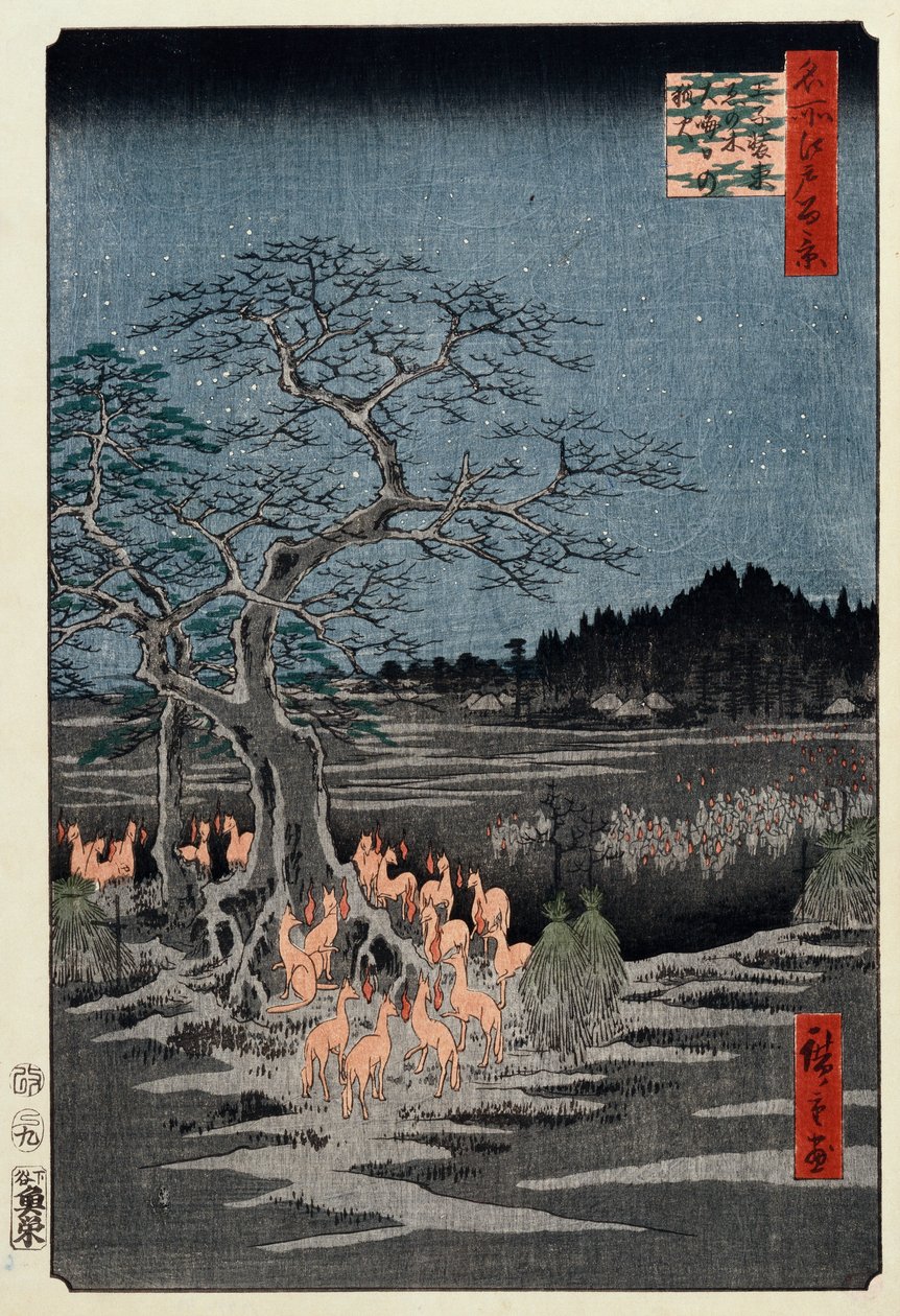Uudenvuodenaaton kettutuli nokkospuussa, Oji, sarjasta "Sata kuuluisaa näköalaa Edosta" tekijältä Ando or Utagawa Hiroshige
