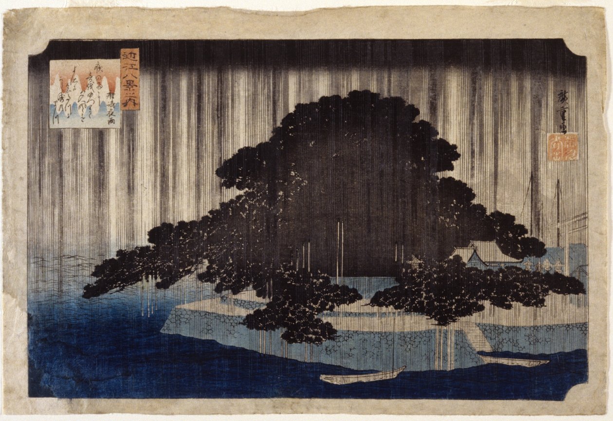 Night Rain At Karasaki (värillinen puupalikkaprintti) tekijältä Ando or Utagawa Hiroshige