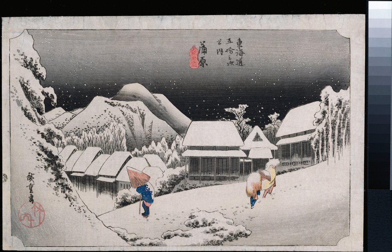 Night Snow, Kambara", sarjasta "The Fifty-Three Stations of the Tokaido" tekijältä Ando or Utagawa Hiroshige