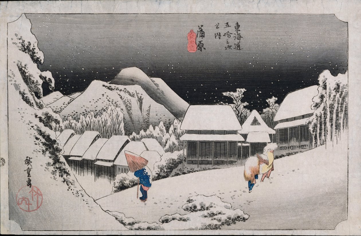 Night Snow, Kambara, kuvitus sarjasta "Fifty-three Stations on the Tokaido", n.1834-35 tekijältä Ando or Utagawa Hiroshige