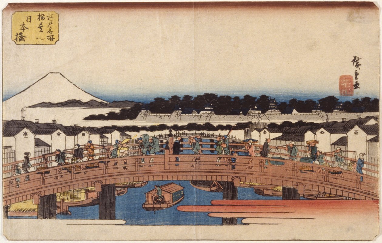 Nihonbashi (värillinen puupainatus) tekijältä Ando or Utagawa Hiroshige