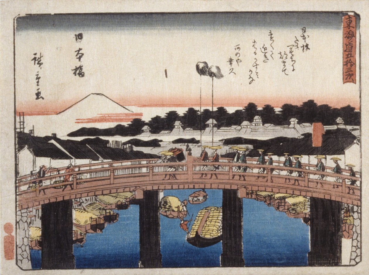 Nihonbashi (värillinen puupainatus) tekijältä Ando or Utagawa Hiroshige