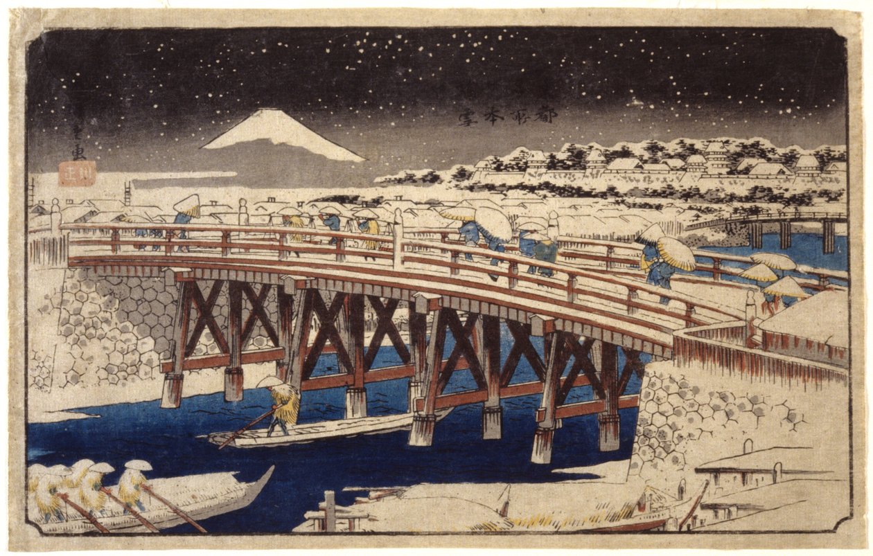 Nihonbashi In The Snow (värillinen puupalikkaprintti) tekijältä Ando or Utagawa Hiroshige