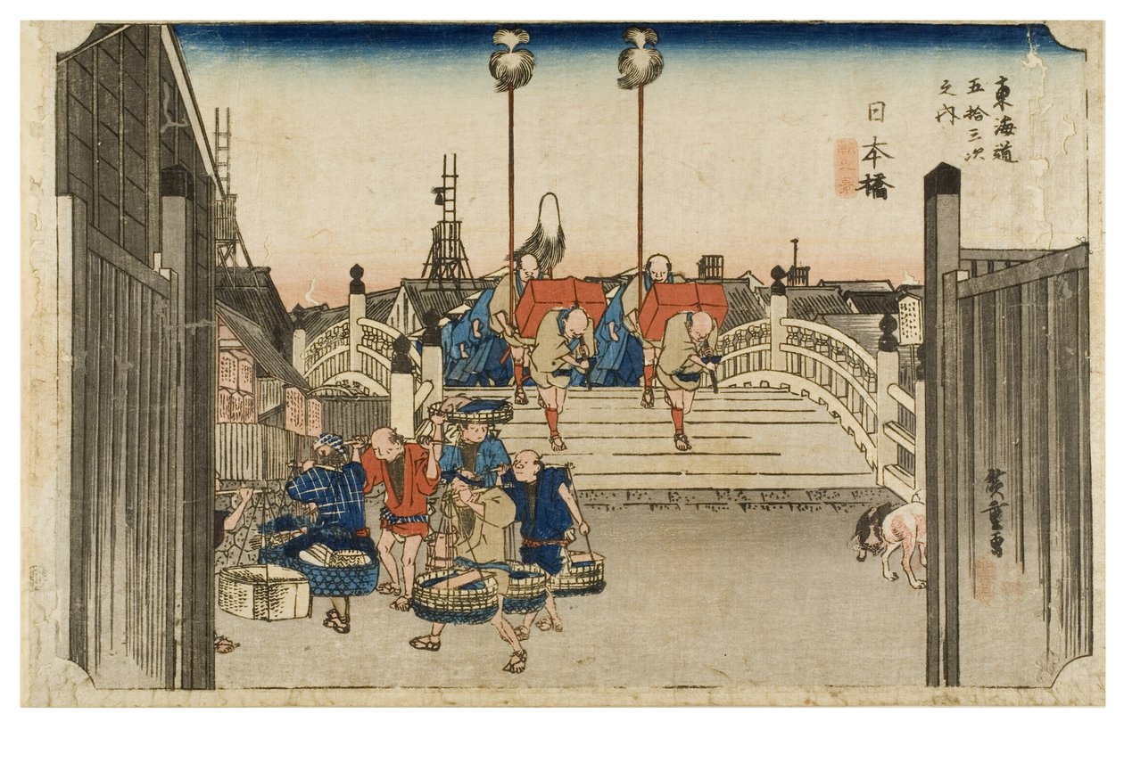 Nihonbashi: Aamunäkymä sarjasta The Fifty-three Stations of the Tokaido, n. 1831-1834 (puupainatus paperille) tekijältä Ando or Utagawa Hiroshige