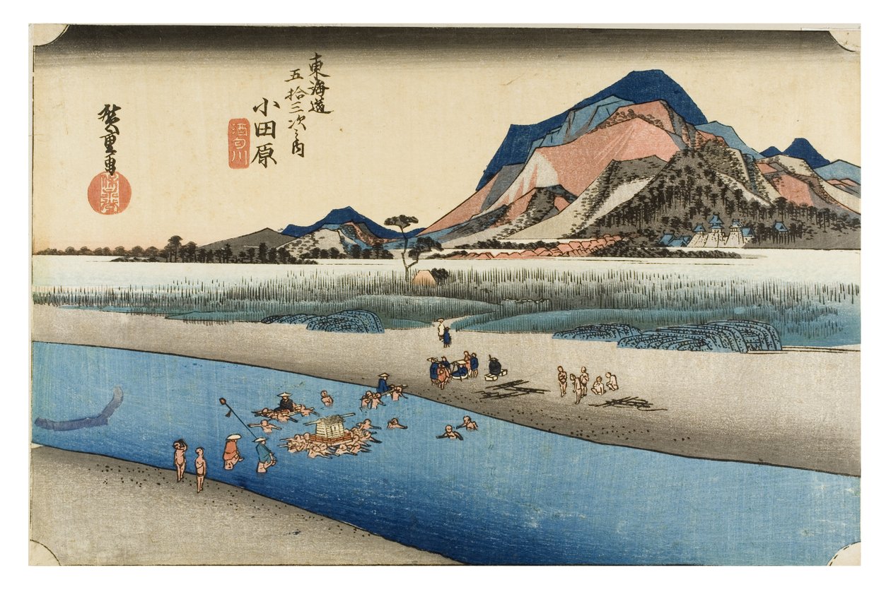 Odawara: Sakawa-joki sarjasta The Fifty-three Stations of the Tokaido, noin 1831-1834 (puupiirros paperille). tekijältä Ando or Utagawa Hiroshige
