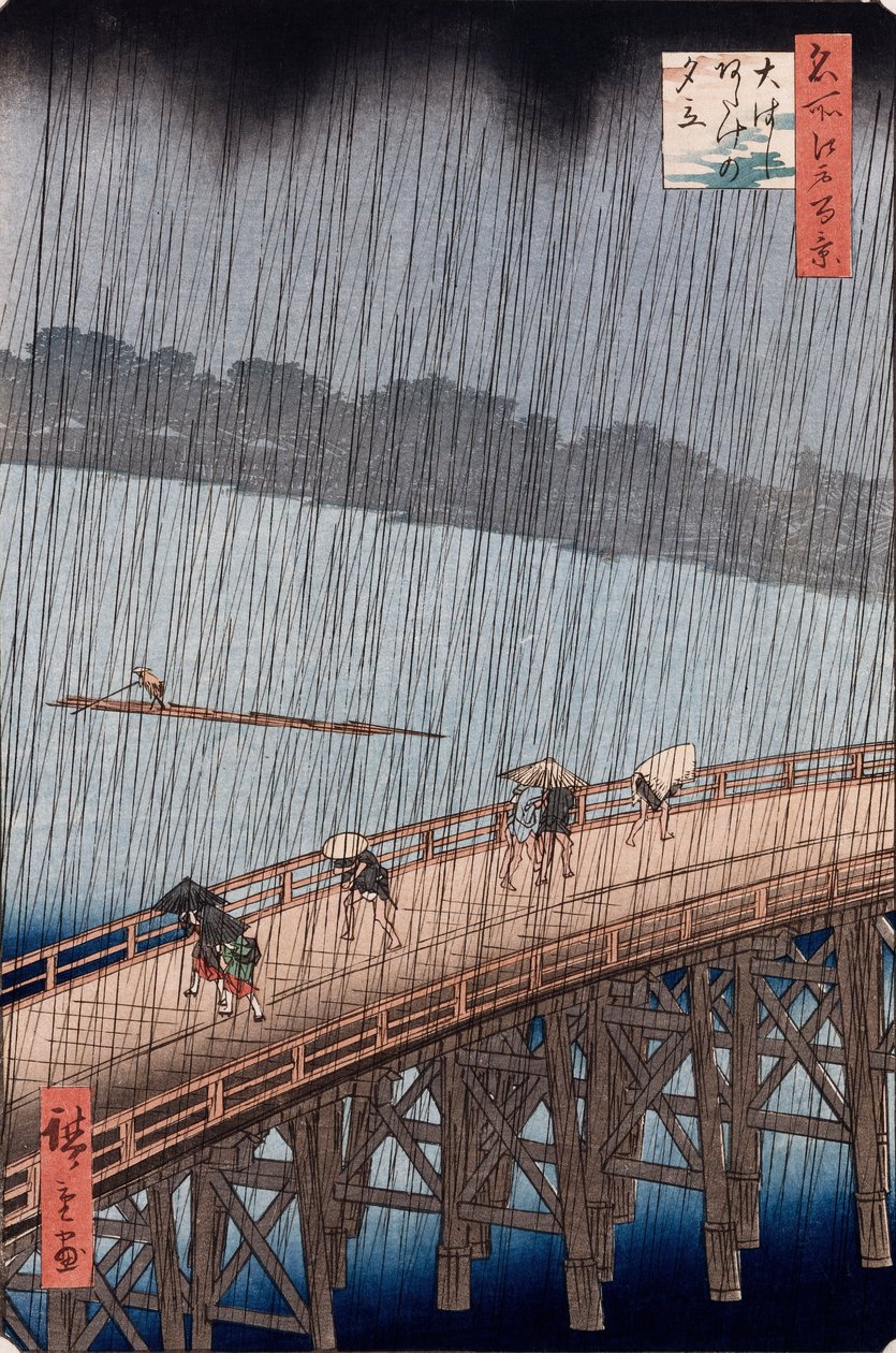 Ohashi, Sudden Shower at Atakessa, sarjasta "Sata näkymää kuuluisista paikoista Edossa" tekijältä Ando or Utagawa Hiroshige