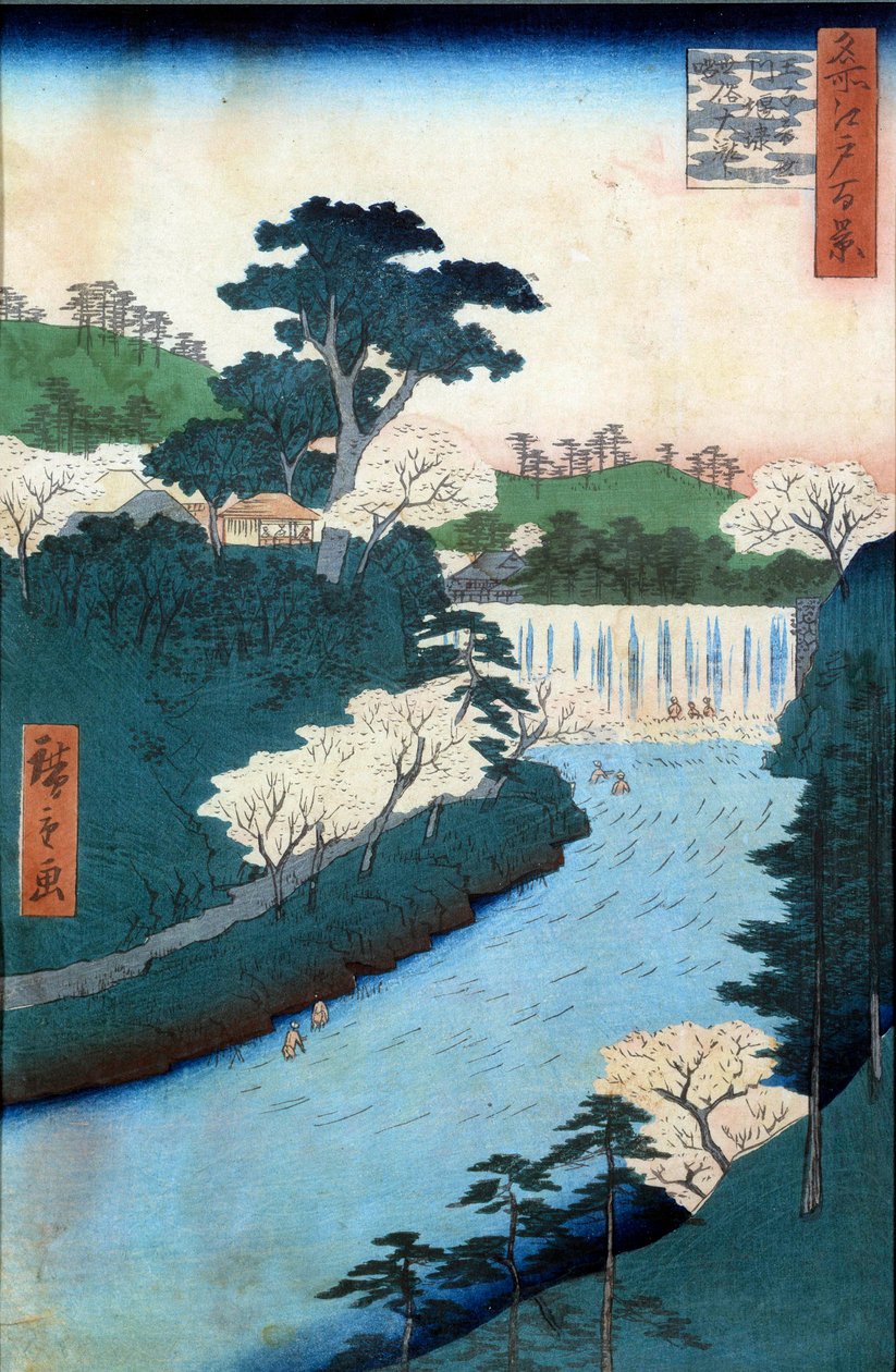 Sata kuuluisaa näkymää Edoon: Otonashioji-joen pato. Utagawa Hiroshigen (1797-1858) japanilainen printti 1800-luvulla. Yksityinen kokoelma. tekijältä Ando or Utagawa Hiroshige