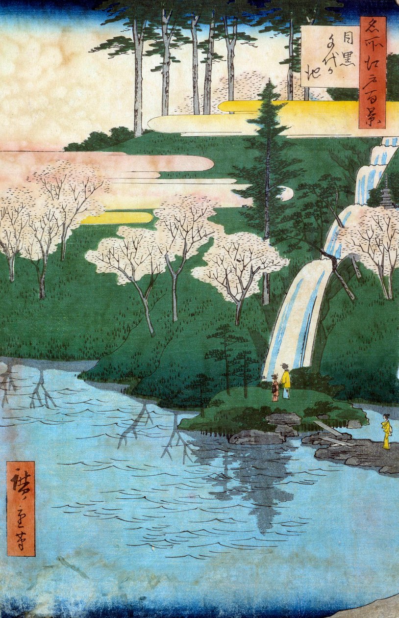 Sata kuuluisaa näkymää Edolle; näkymä Chiyo a Meguro -lammikolle. Utagawa Hiroshigen (1797-1858) japanilainen printti 1800-luvulla. Yksityinen kokoelma tekijältä Ando or Utagawa Hiroshige