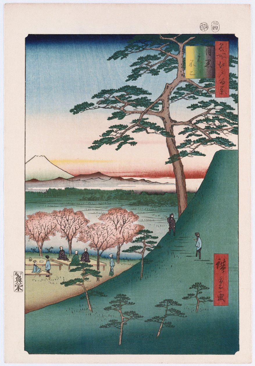 Alkuperäinen Fuji, Meguro, sarjasta "Sata näkymää kuuluisista paikoista Edossa" tekijältä Ando or Utagawa Hiroshige