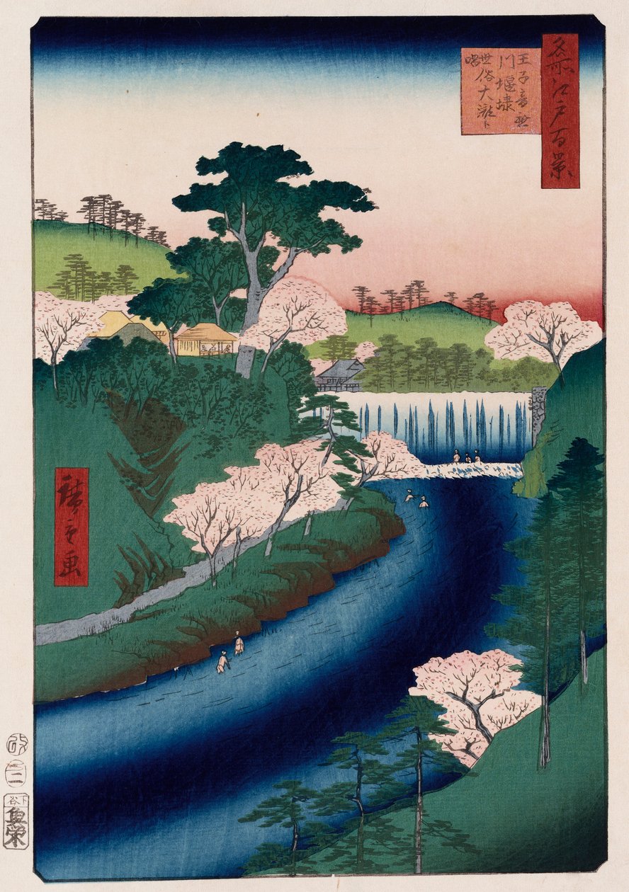 Otonashi-joen pato, Oji, jota kutsutaan nimellä Great Waterfall, sarjasta "Sata näkymää kuuluisista paikoista Edossa" tekijältä Ando or Utagawa Hiroshige