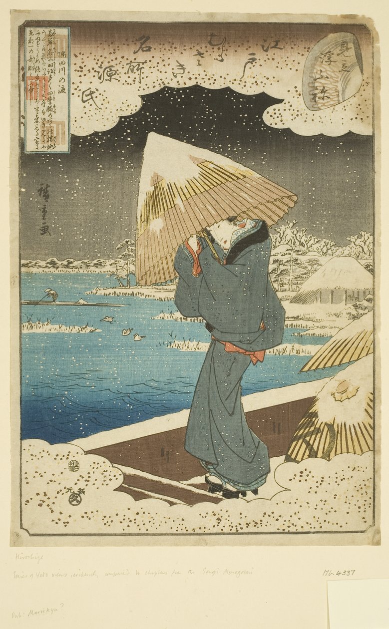 Parodia Ukifune-luvusta: Lautta Sumida-joella (värillinen puupalikkaprintti) tekijältä Ando or Utagawa Hiroshige