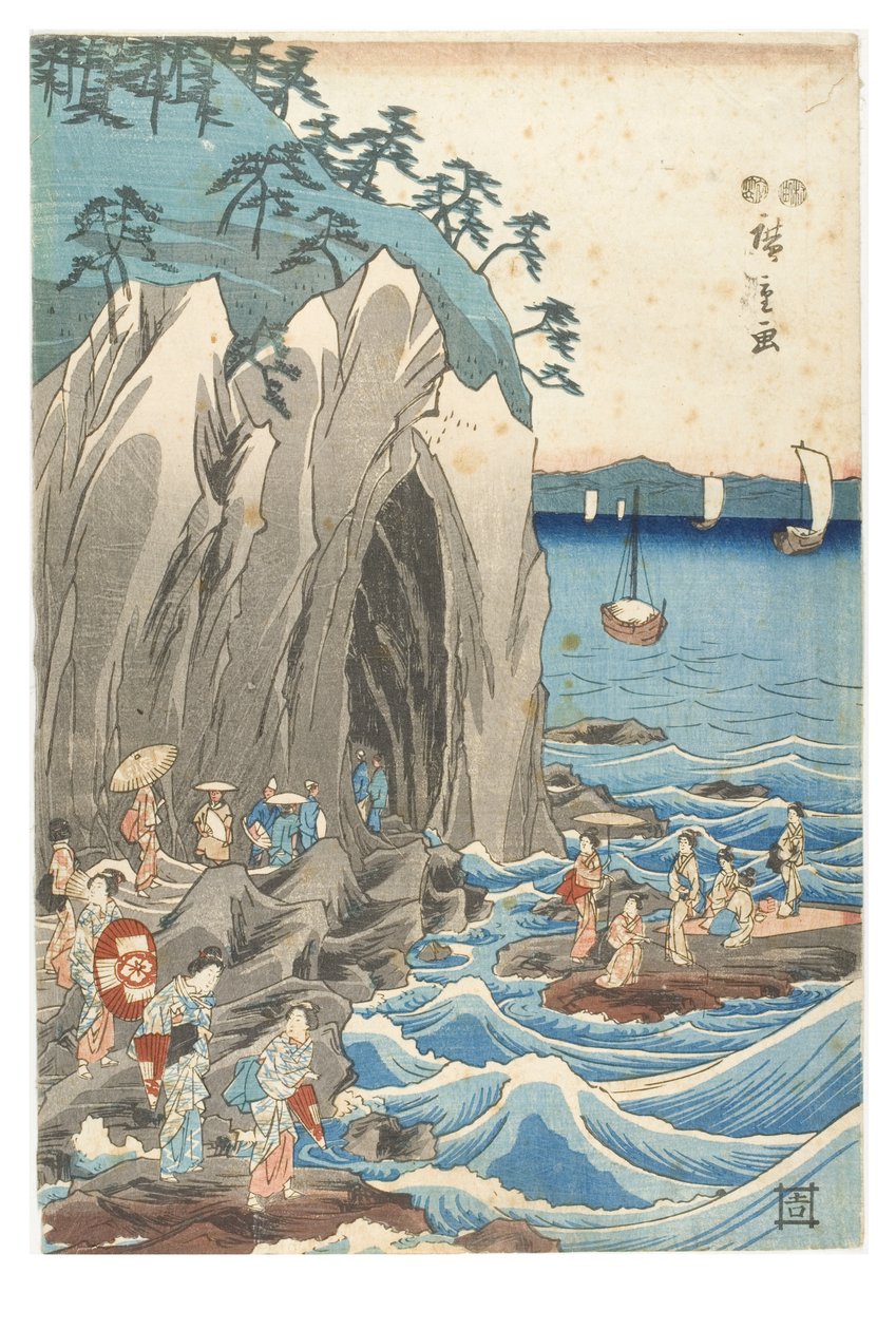 Pyhiinvaellus Benzaiten-patsaan näyttelyyn Iwayan pääpyhäkössä Enoshimassa Sagamin maakunnassa, n. 1847-1852 (puupainatus paperille) tekijältä Ando or Utagawa Hiroshige
