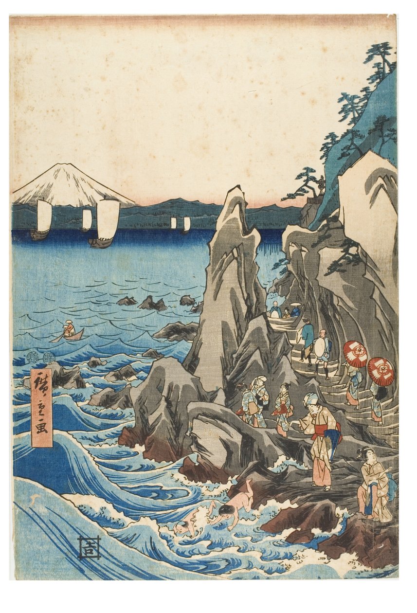 Pyhiinvaellus Benzaiten-patsaan näyttelyyn Iwayan pääpyhäkössä Enoshimassa Sagamin maakunnassa, n. 1847-1852 (puupainatus paperille) tekijältä Ando or Utagawa Hiroshige