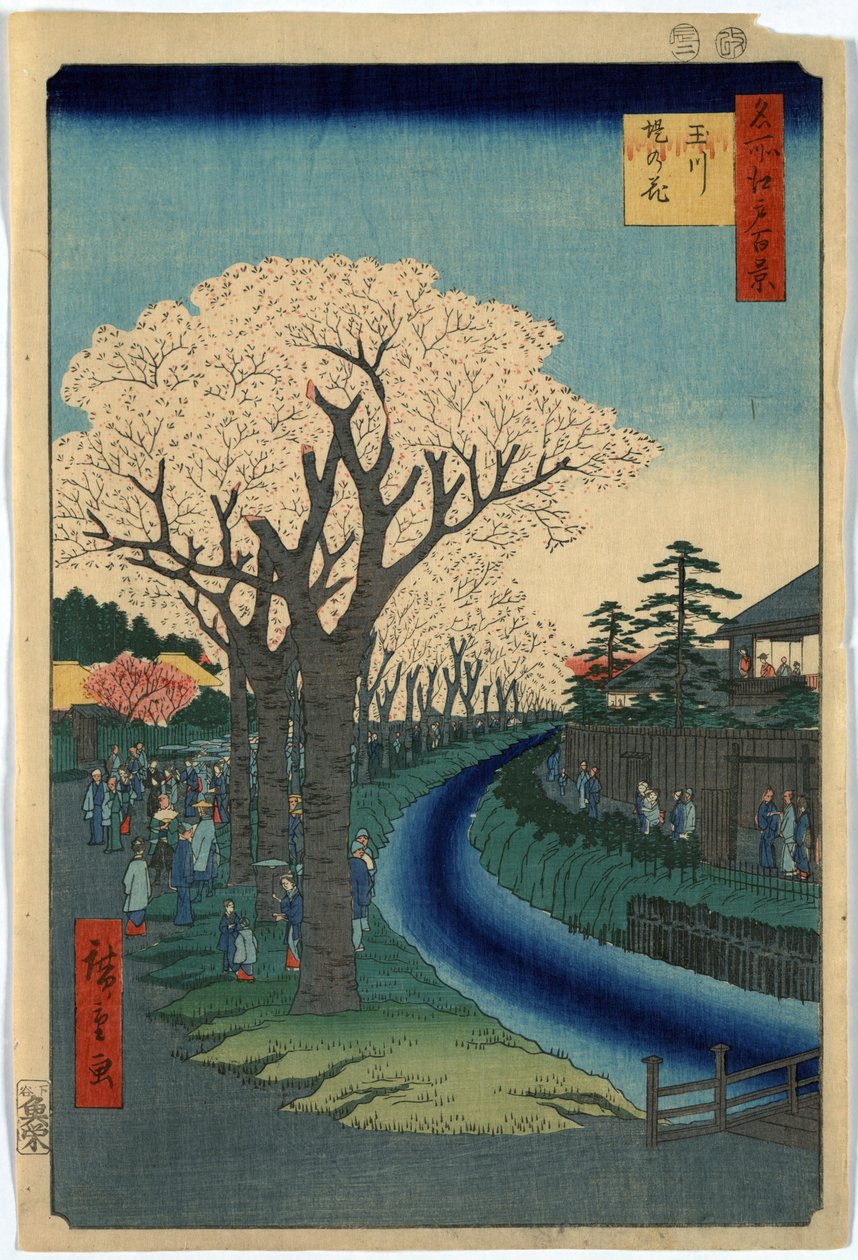 Printti näyttää nähtävyyksien katsojia katselemassa kirsikankukkia Tama-joen rannalla Edossa, Ando Hiroshigen puupiirros. tekijältä Ando or Utagawa Hiroshige