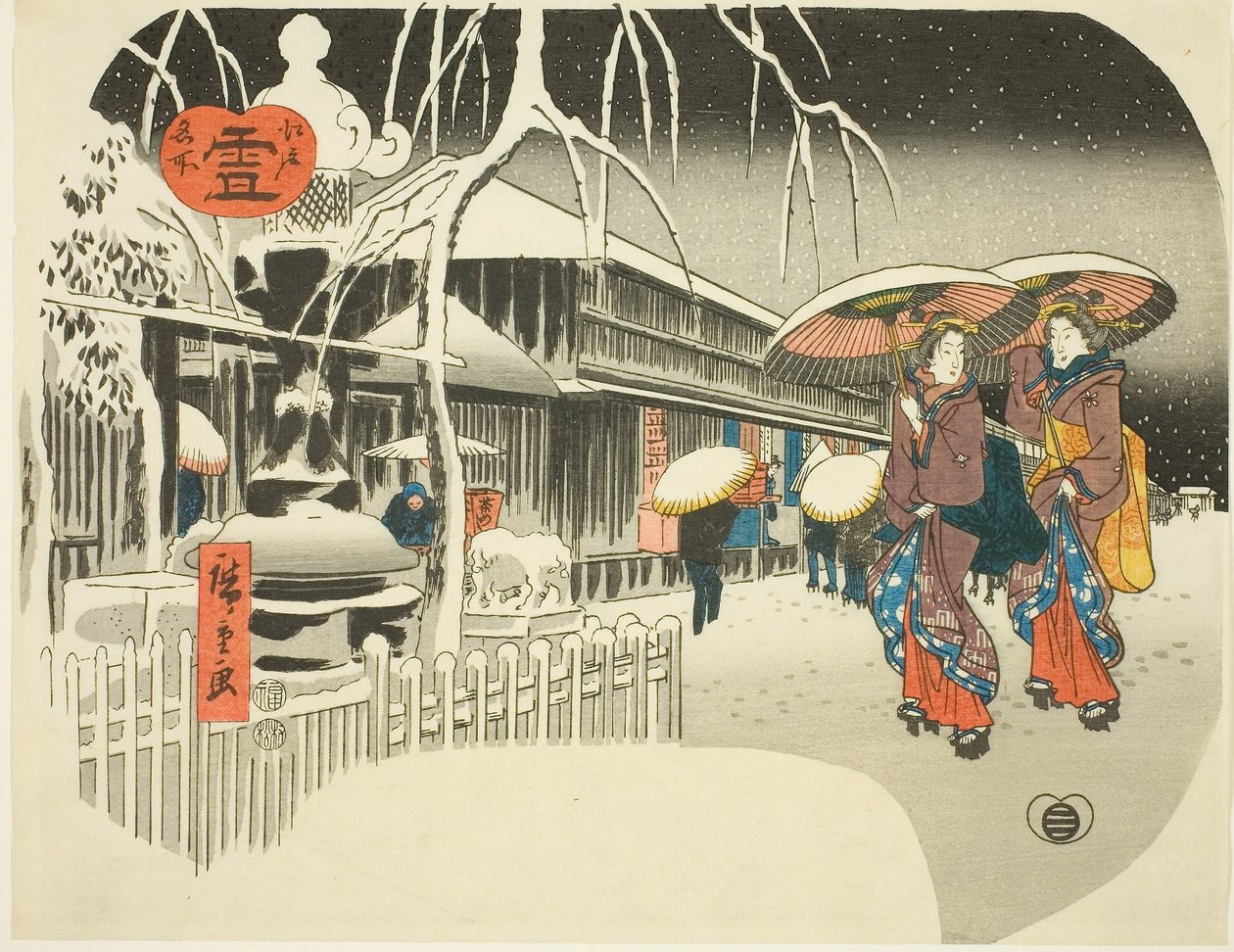 Snow (Yuki), sarjasta "Famous Places of Edo, n. 1849-52 (värillinen puupalikkaprintti; uchiwa-e) tekijältä Ando or Utagawa Hiroshige