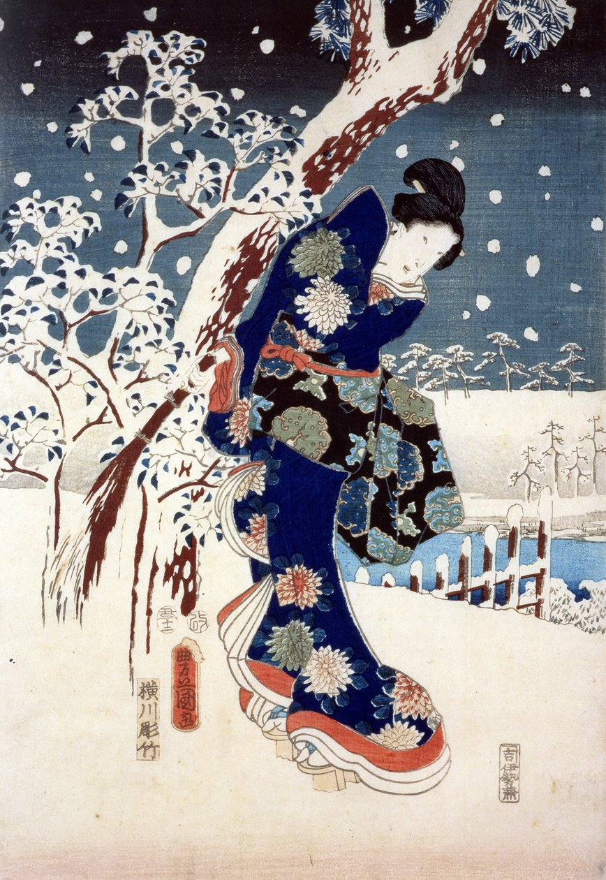 Lumikohtaus Daimyon puutarhassa, osa Triptyykkiä (silkkipaino) tekijältä Ando or Utagawa Hiroshige