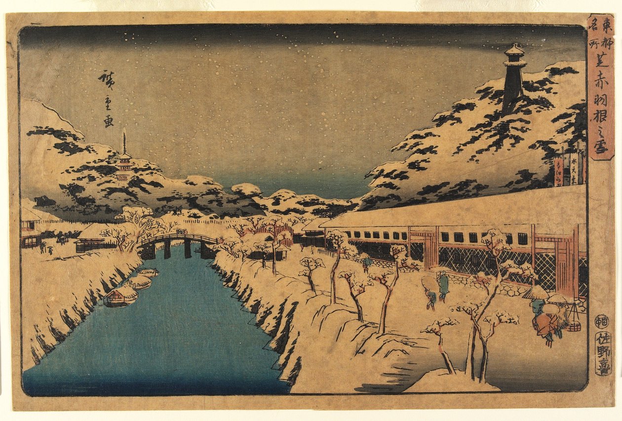 Lunta Akabanen sillalla Shibassa, 1844-45 tekijältä Ando or Utagawa Hiroshige