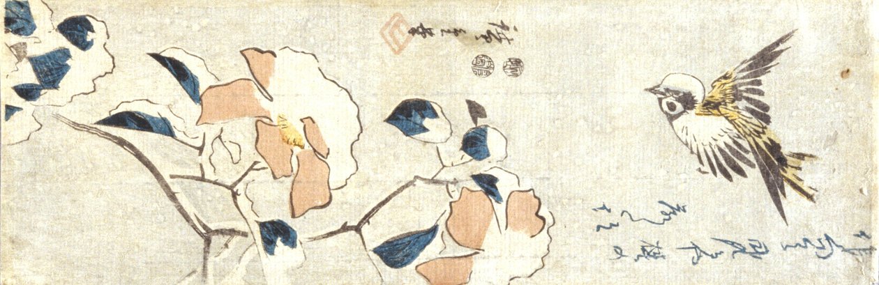 Sparrow and Snow-Laden Camelia (värillinen puupalikkaprintti) tekijältä Ando or Utagawa Hiroshige