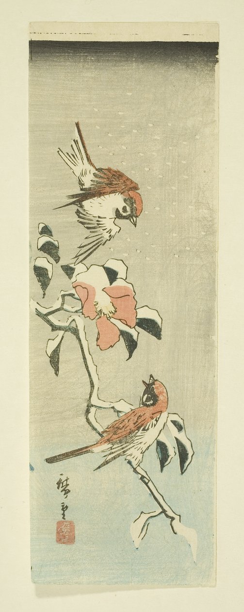 Sparrows and Camellia in Snow (värillinen puupalikkaprintti) tekijältä Ando or Utagawa Hiroshige