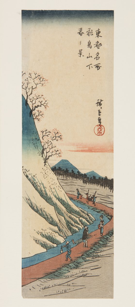 Kevätnäkymä Asuka-kukkulan juurella (Asukayama shita haru no kei) (värillinen puupainatus) tekijältä Ando or Utagawa Hiroshige