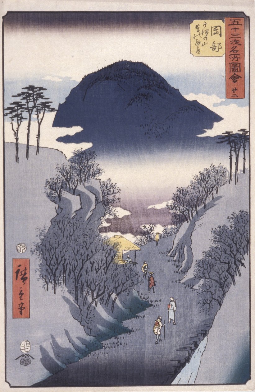 Station 22, Okabe (värillinen puupainatus) tekijältä Ando or Utagawa Hiroshige