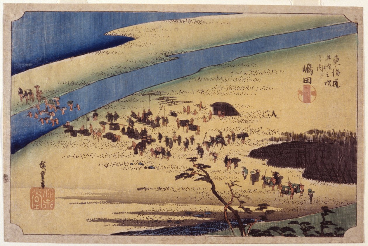 Station 24, Shimada (värillinen puupainatus) tekijältä Ando or Utagawa Hiroshige