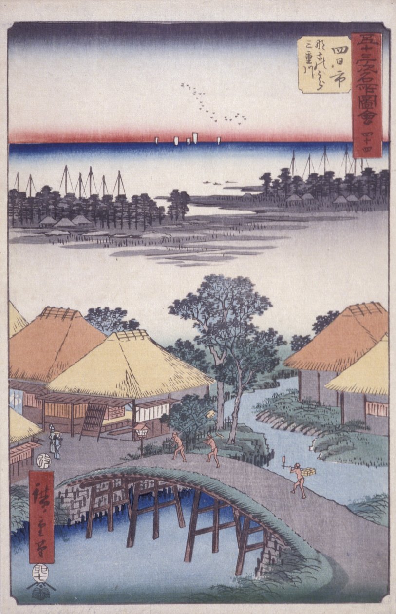 Station 44, Yokkaichi (värillinen puupainatus) tekijältä Ando or Utagawa Hiroshige