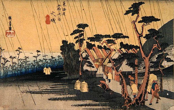 Sudden Shower, Oiso, sarjasta "Fifty-three Stations of the Tokaido Highway", n. 1833-1834 (värillinen puupainatus) tekijältä Ando or Utagawa Hiroshige
