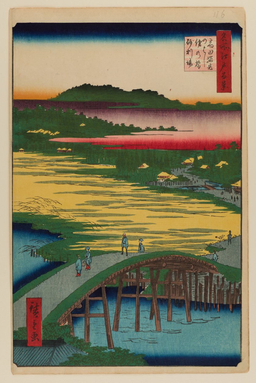 Sugatamin silta, Omokagen silta ja Jariba Takatassa. tekijältä Ando or Utagawa Hiroshige