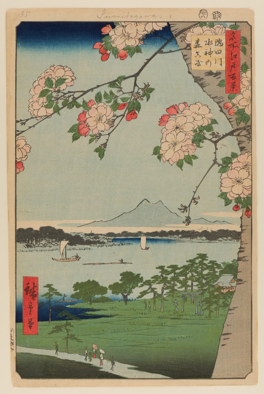 Suijinin pyhäkkö ja Massaki Sumida-joen varrella (Sumidagawa Suijin no Mori Massaki) tekijältä Ando or Utagawa Hiroshige