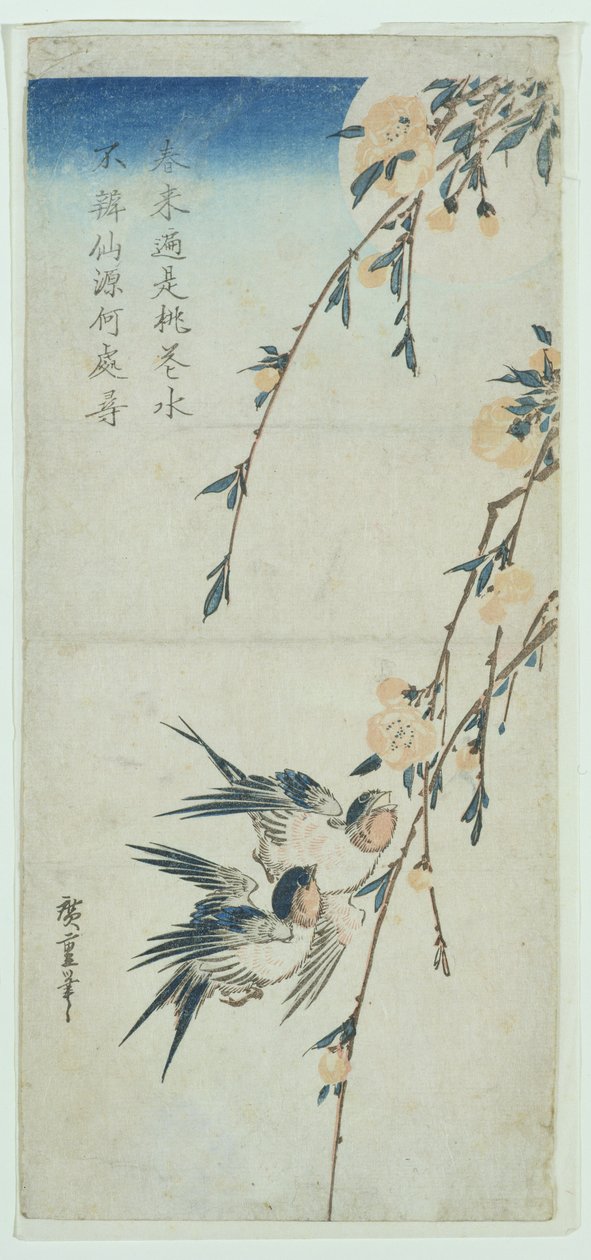 Pääskyset ja persikankukka kuutamossa (puupainatus) tekijältä Ando or Utagawa Hiroshige